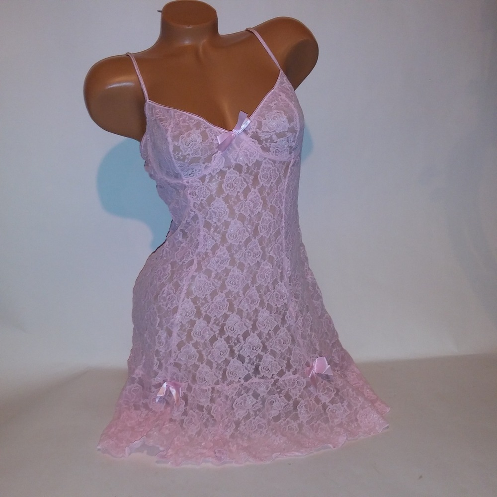 Inner Secrets Lingerie Chemise Babydoll Large Pink Allover Lace Barbiecore